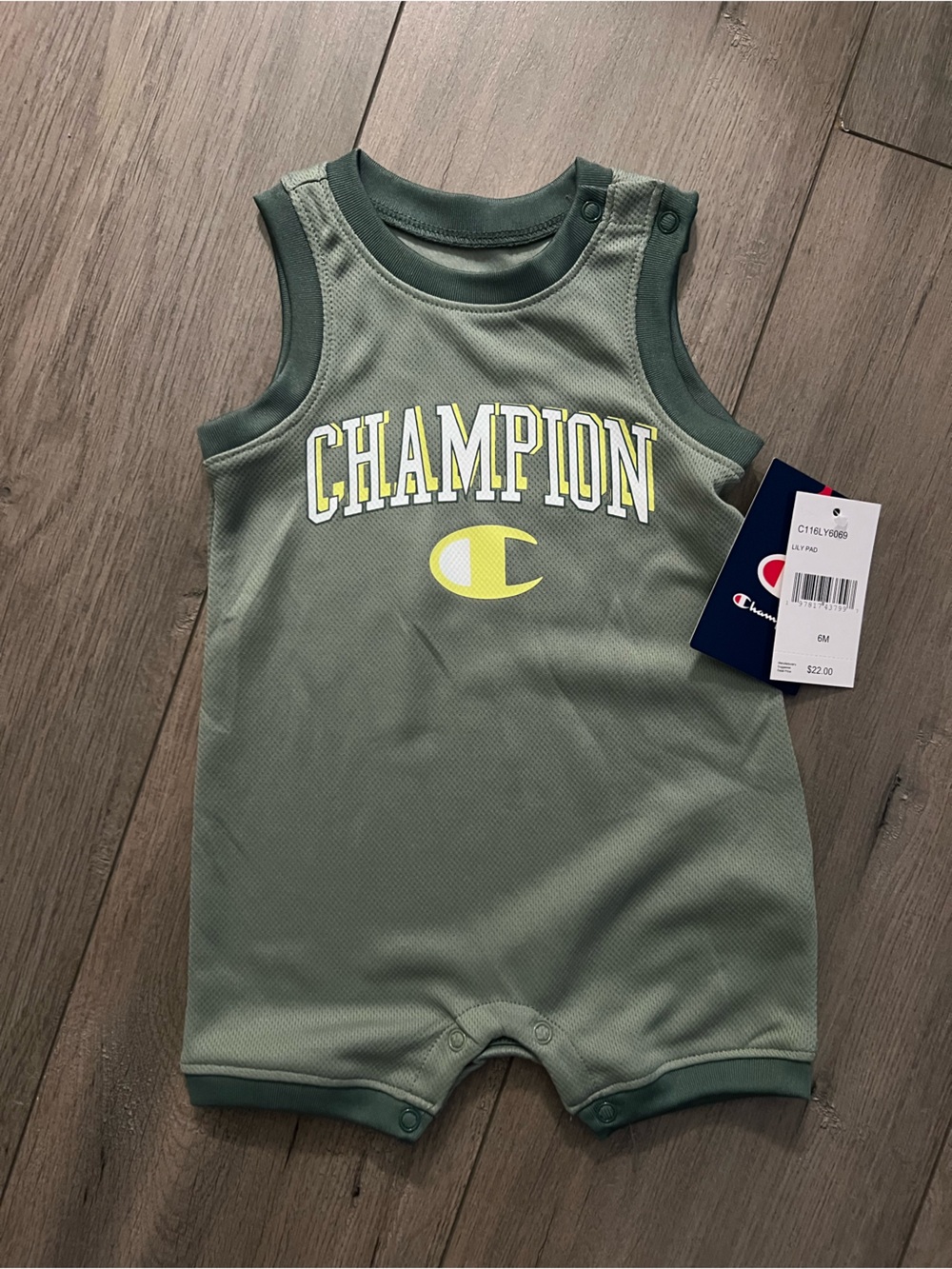 Champion Kids Olive Green Sleeveless Bodysuit with Logo